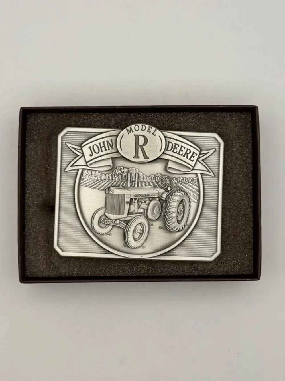 John Deere Model R Belt Buckle 1949 Tractor Motif Presentation Box Rectangular